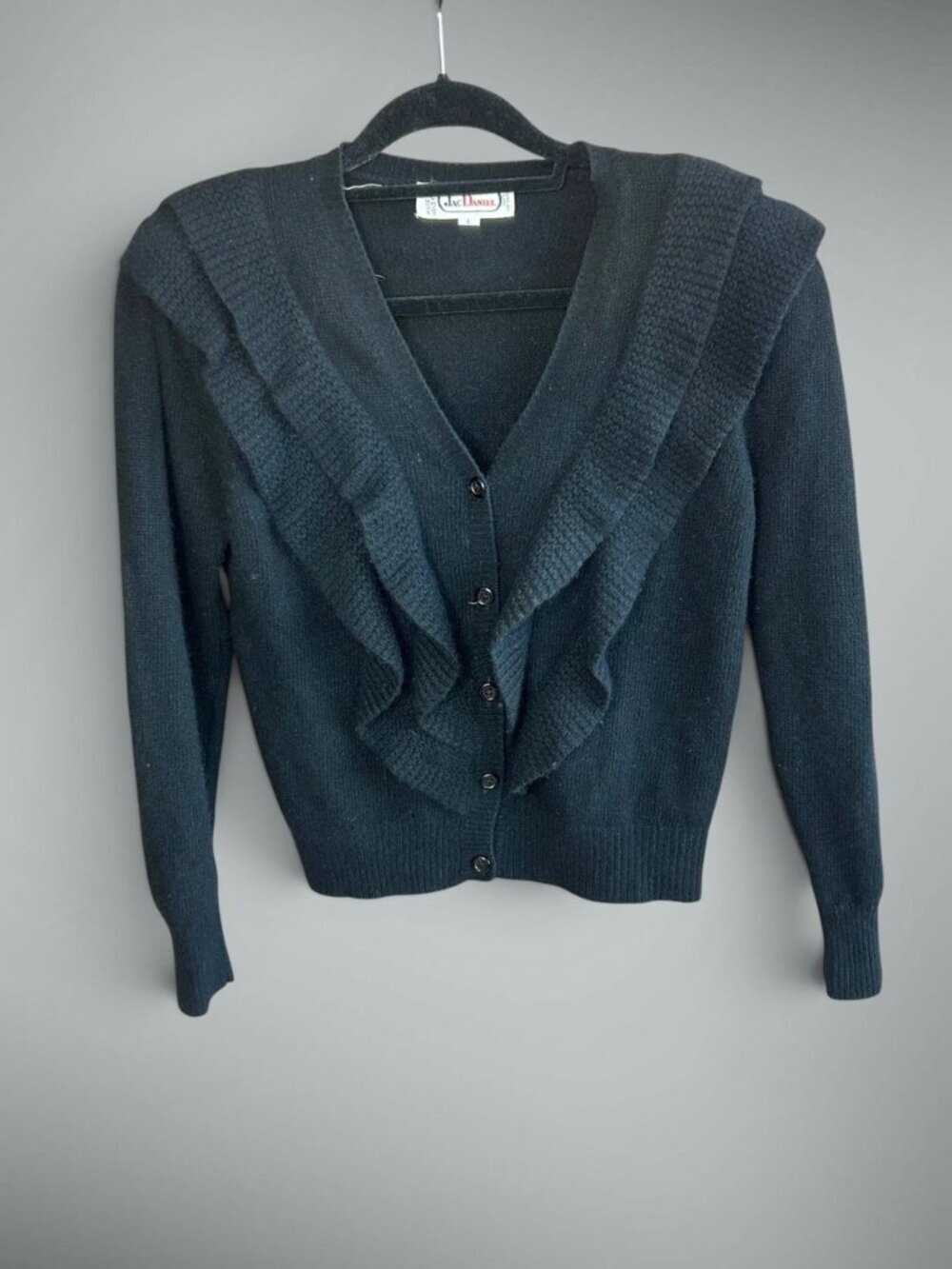Jac Daniel Vintage Black Angora Blend Ruffled Cardigan Sweater Size Large